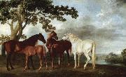 Stuten und Fohlen in einer Flublandschaft George Stubbs